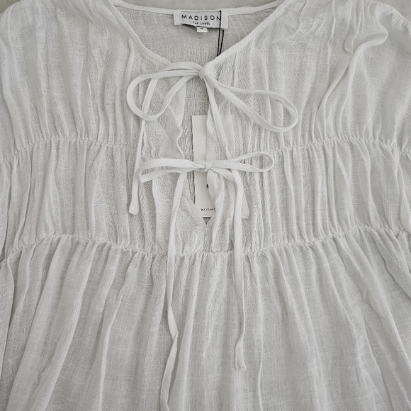 NWT Madison The Label White Linen Boho Peasant Blouse Tie Front Small - Picture 5 of 12